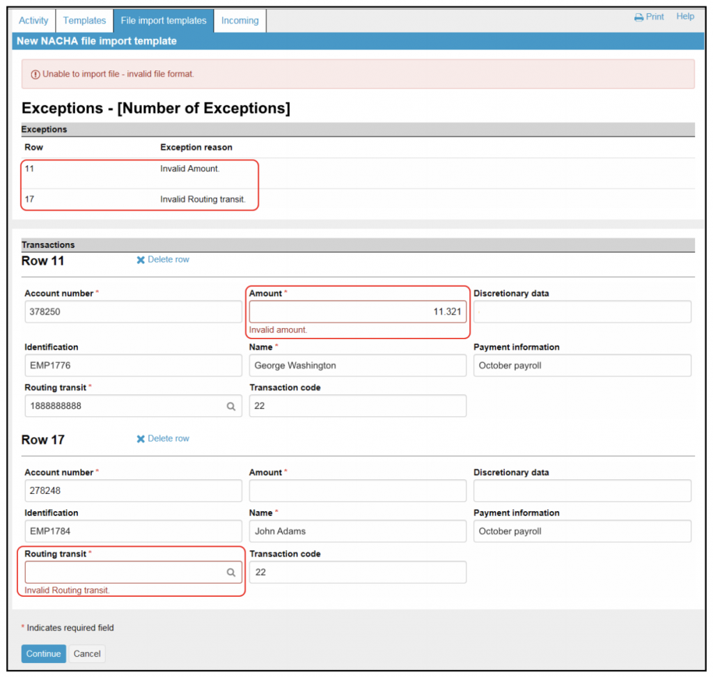 Screen shot of Exceptions page