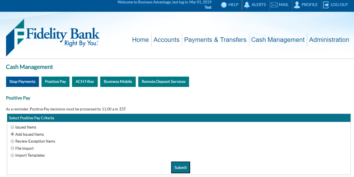 Positive Pay User Guide — Fidelity Bank