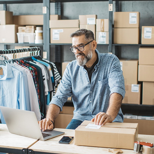 Man using laptop inside business