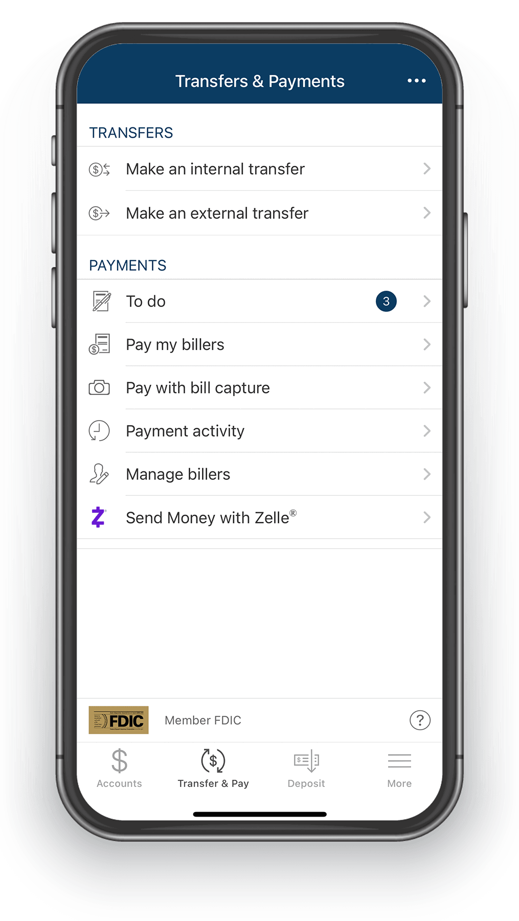 Image of cell phone showing transfers & payments