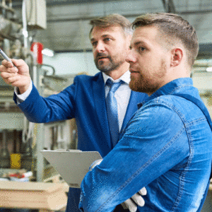 Two men in a warehouse